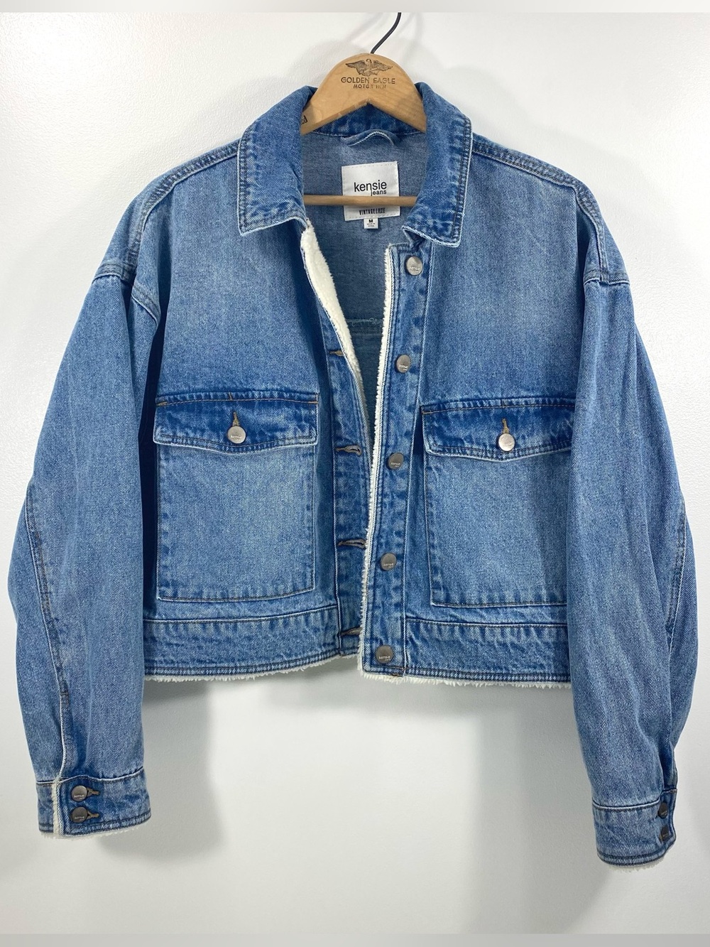 Kenzie Jeans Vintage Luxe Pippa Cropped Boxy Trucker Sherpa Trim Jean Jacket M